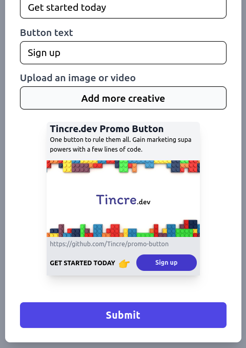 The Promo promo-button button example two, by Tincre.dev.